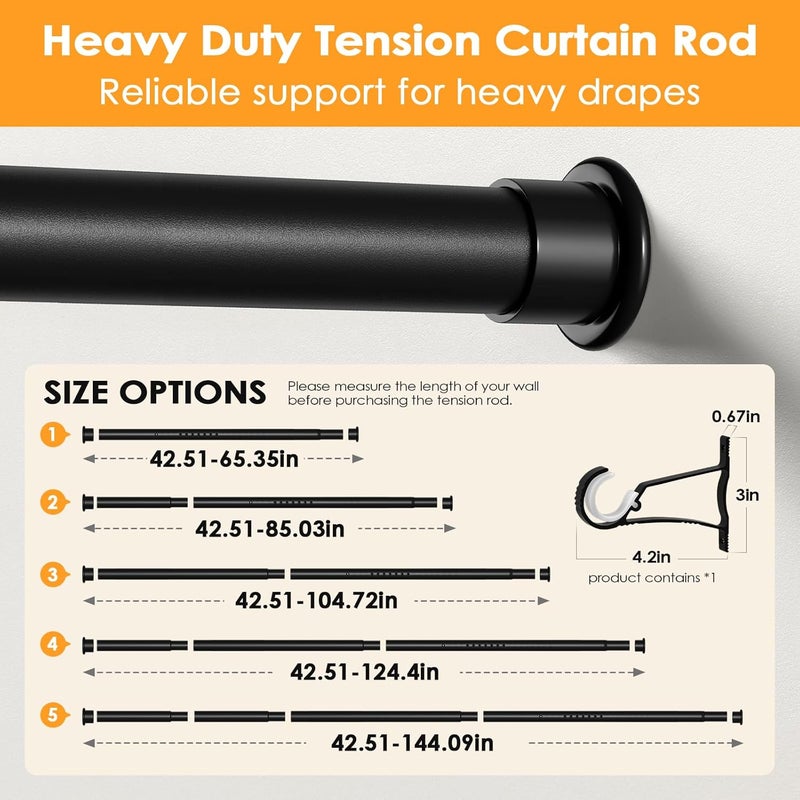 fvonzn Tension Curtain Rod 43-144 Inches Extra Long Black Heavy Duty Tension Rods Adjustable Curtain Rod No Drilling Spring Loaded Tension Rod for Windows Patio Hold Up Blackout Curtains and Non Slip - Image 3